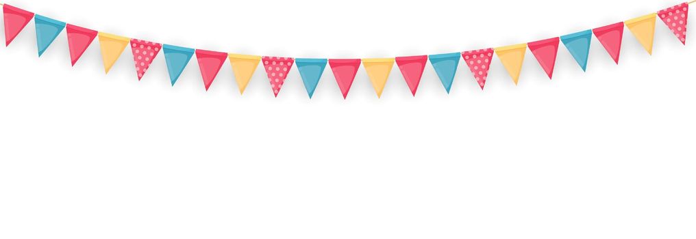 Banner with garland of flags and ribbons. Holiday Party background for birthday party, carnaval isolated on white. Vector Illustration