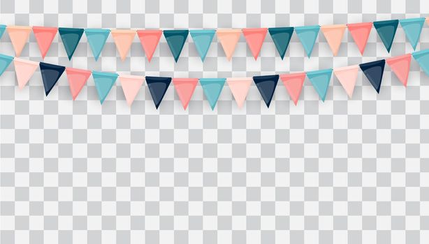 Banner with garland of flags and ribbons. Holiday Party background for birthday party, carnaval isolated on transparent background. Vector Illustration