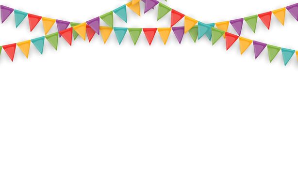 Banner with garland of flags and ribbons. Holiday Party background for birthday party, carnaval isolated on white. Vector Illustration