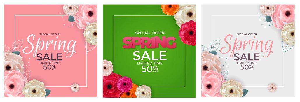 Spring Special Offer Sale Background Poster Natural Flowers and Leaves Template Poster Set. Vector Illustration