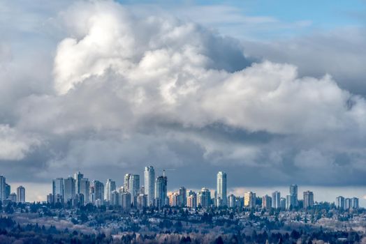 Overview of Metrotown center on stormy clouds background