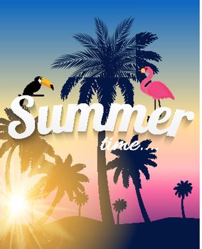 Abstract Summer Time Background with Flamingo and Toucan. Vector Illustration