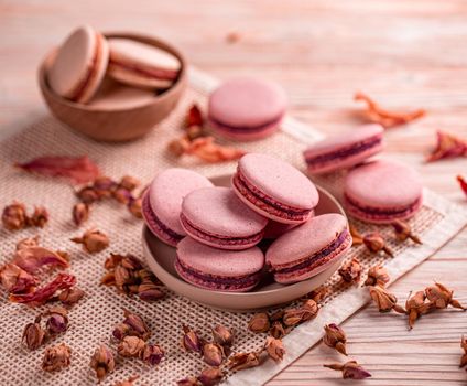 Still life composition of pink macaroons