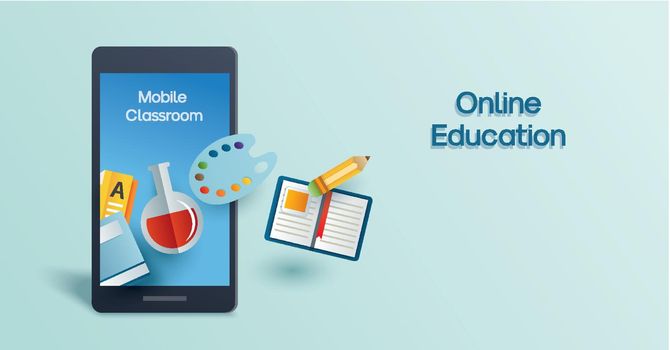 Online education learning on mobile phone. Learning at home with social distancing concept.