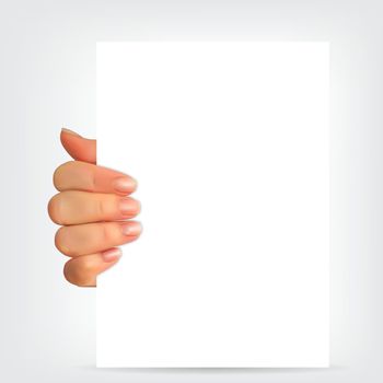 Realistic 3D Silhouette of hand with white paper. Vector Illustration