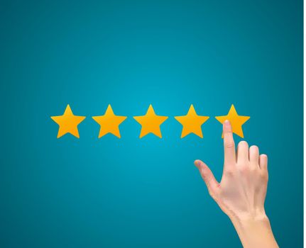 Flat Design Hand with Star Rating.  Evaluation System and Positive Review Sign. Vector Illustration