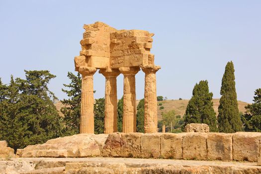 Temple of Dioscuri (Castor and Pollux). Famous ancient ruins in Valley of the Temples, Agrigento, Sicily, Italy. UNESCO World Heritage Site.