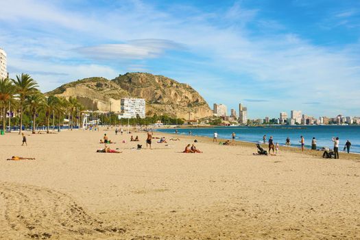 ALICANTE, SPAIN - NOVEMBER 29, 2019: El Postiguet beach, Alicante, Costa Blanca, Spain