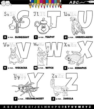 educational cartoon alphabet set from S to Z color book page