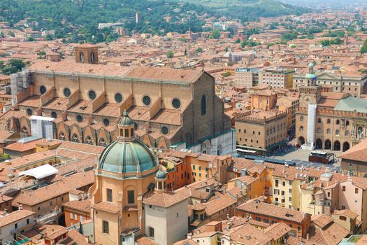 Bologna cityscape of the old medieval town center with San Petronio Basilica on Piazza Maggiore square in Bologna, Italy