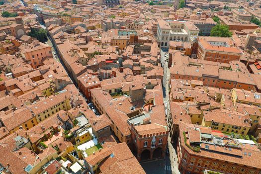 Amazing Bologna Aerial Cityscape. Beautiful view of the italian medieval city of Bologna with Piazza della Mercanzia square, Italy.