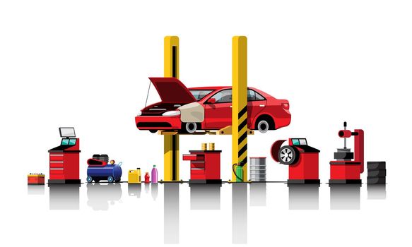 Automobile repair and maintenance service concept vector illustration.