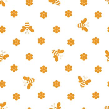 Seamless pattern with bees and honeycombs on white background. Small wasp. Vector illustration. Adorable cartoon character. Template design for invitation, cards, textile, fabric. Doodle style