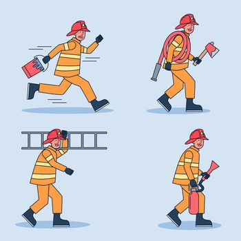 firefighter character set. Fireman extinguishing fire set isolated on white background. Flat cartoon character of firefighter. 