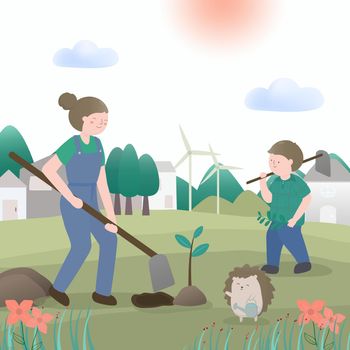 Girl and animals with earth environmental nature design elements.