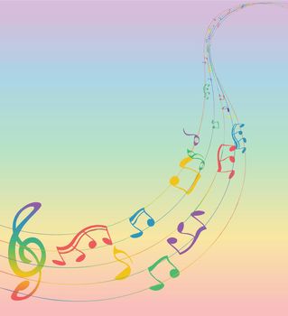 Set of musical notes on a five-line clock. Colors of rainbow. Treble clef. Vector Illustration.