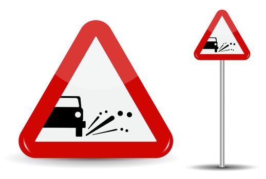 Sign Warning: Emission of gravel, stones. In Red Triangle is a schematic machine, from which objects fly. Vector Illustration.