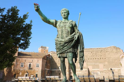 Bronze statue of Augustus the first emperor of Rome on Via dei Fori Imperiali Avenue, Rome, Italy.