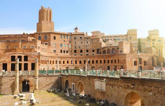 Forum and Market of Trajan in Rome, Italy. Famous old Trajan Forum is one of the main tourist attractions in the city. Ancient Roman architecture and ruins of Trajan's area in summer.