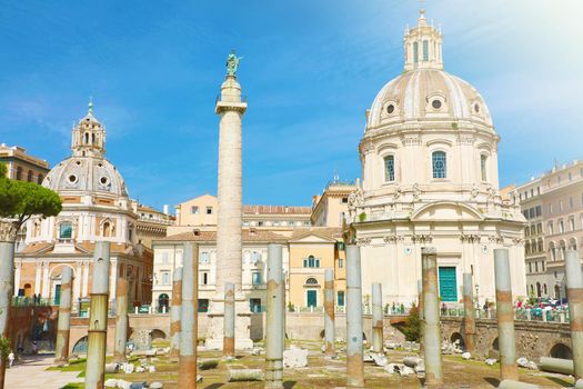 Trajan forum in Rome, ancient ruins with Trajan column, Santissimo Nome di Maria Church and Basilica Ulpia.