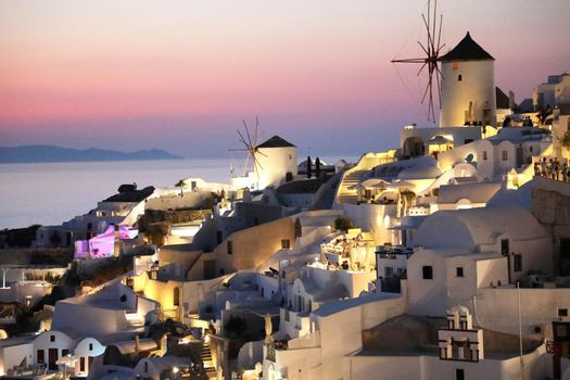 Fabulous picturesque village of Oia in Santorini island at night, Greece