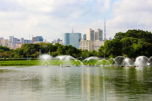 Panoramic view of Ibirapuera Park with Sao Paulo cityscape, Brazil