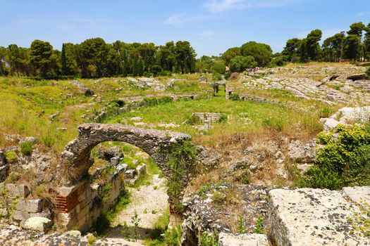 Ruins of the Roman Amphitheatre of Syracuse (Siracusa),  on the island of Sicily, Italy
