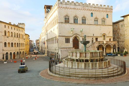 PERUGIA, ITALY - SEPTEMBER 29, 2019: panoramic view of Piazza IV Novembre square in Perugia historic district with medieval Palazzo dei Priori city hall and Fontana Maggiore fountain.