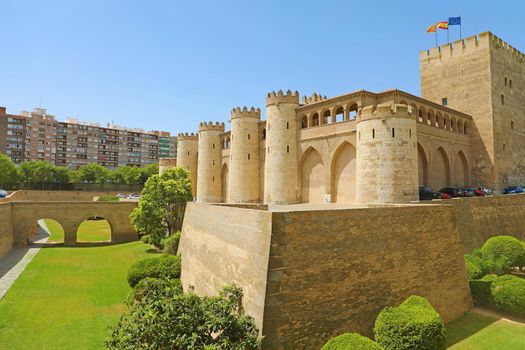 ZARAGOZA, SPAIN - JULY 1, 2019: Aljaferia Palace in Zaragoza, a medieval castle built in 11th during Islamic domination of the Spain