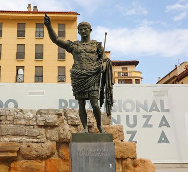 ZARAGOZA, SPAIN - JULY 1, 2019: Monument to the Emperor Caesar Augustus, founder of Zaragoza, Spain