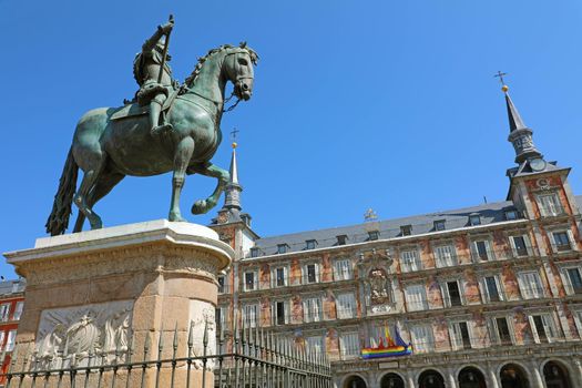 Plaza Mayor square with equestrian statue of King Philips III in Madrid, Spain