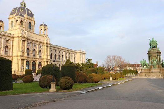 Beautiful view of famous Naturhistorisches Museum (Natural History Museum) in Marie-Theresien Platz square and sculpture in Vienna, Austria