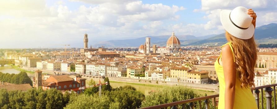 Beautiful woman in the city of Florence birthplace of the Renaissance. Panoramic banner with pretty girl enjoying view of Florence city in Tuscany, Italy.
