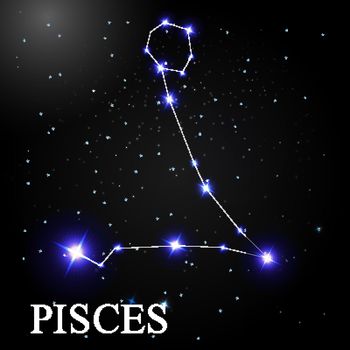 Pisces Zodiac Sign with Beautiful Bright Stars on the Background of Cosmic Sky Vector Illustration