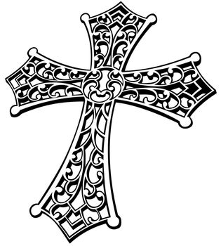 Black and White Carved Religious Cross - Ornamental Cross with Isolated on White Background, Vector Graphic