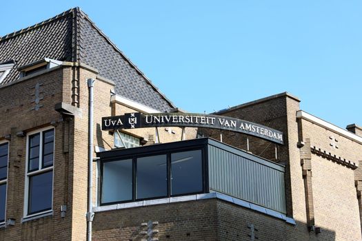 AMSTERDAM, NETHERLANDS - JUNE 6, 2018: UVA Universiteit van Amsterdam university signboard, Netherlands