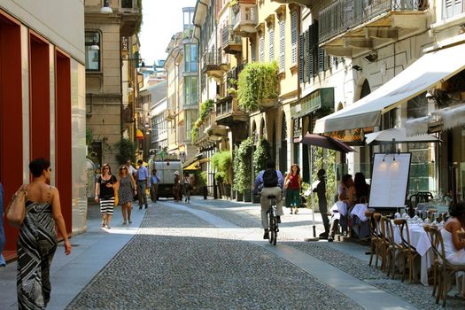 MILAN, ITALY - JULY 30, 2018: Typical street in neighborhood Brera in Milan, Italy