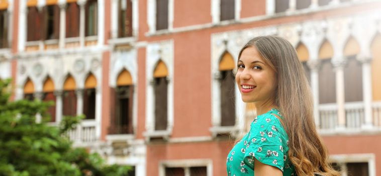 Beautiful woman in Venice panoramic banner view, Italy