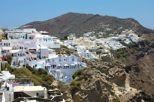 Santorini spectacular view of villages of white houses on the rocks, Cyclades Islands, Greece 