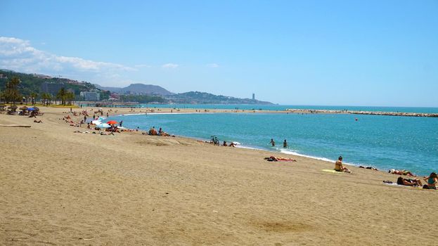 MALAGA, SPAIN, JUNE 13, 2018: Panoramic view of Malagueta beach in Malaga. Costa del Sol, Andalusia, Spain