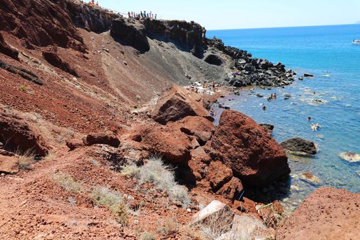 View of the seacoast and the Red beach. Santorini island, Greece. Beautiful summer landscape
