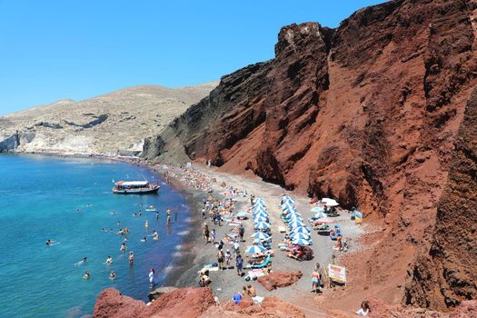 Red beach on Santorini island, Greece. Summer landscape, sea view.