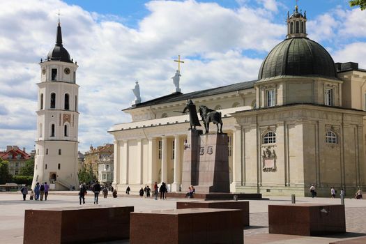 VILNIUS, LITHUANIA - JUNE 7, 2018: Cathedral square with the Monument to Grand Duke Gediminas, Vilnius Cathedral and the Bell Tower