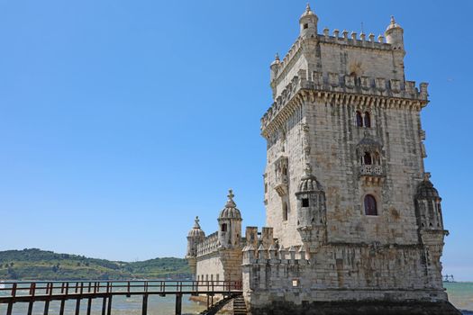 The Belem Tower (Torre de Belem), Lisbon, Portugal. At the margins of the Tejo river, it is an iconic site of the city. Originally built as a defence tower, today it is used as a museun.