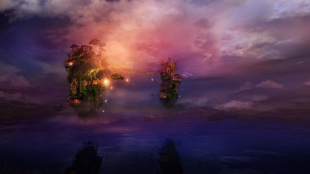 Fantastic night landscape with flying islands over the lake, 3D render.