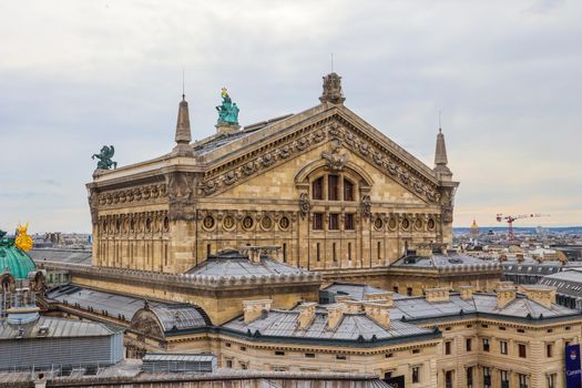Aerial view of Paris Opera (Palais Garnier) and the cityscape. Paris France. April 2019