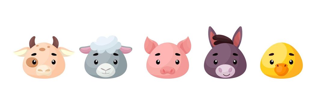 Cute farm animals heads set. Collection funny animals characters for kids cards, baby shower, birthday invitation, house interior. Bright colored childish vector illustration.