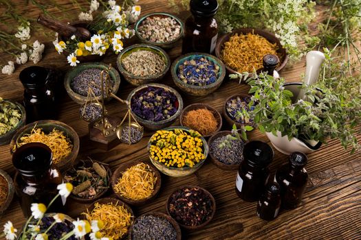 Homeopathy, herbal medicine on wooden table 