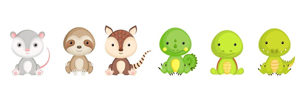 Collection of sitting little animals in cartoon style. Cute exotic animals characters for kids cards, baby shower, birthday invitation, house interior. Bright colored childish vector illustration.