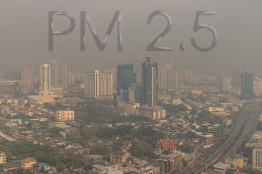 Aerial view of Dust in Bangkok city is full of harmful PM 2.5 dust with bad air pollution, the place to risk of respiratory and cancer.
